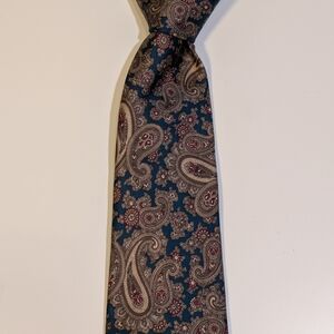 John Comfort London Silk Tie Paisley Teal Brown Red Made in England 3.25" Classi